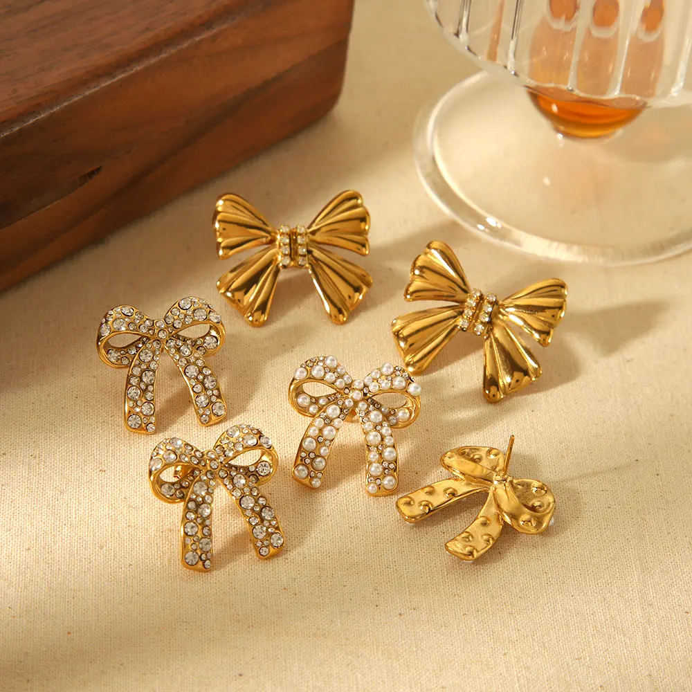 1 Pair Simple Series Sweet Bow Knot Stainless Steel 18K Gold Plated Rhinestone Women's Stud Earrings h5 